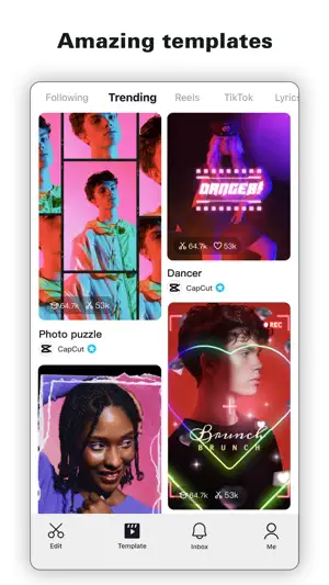 Template gallery on the Trending tab with Dancer and Photo puzzle designs