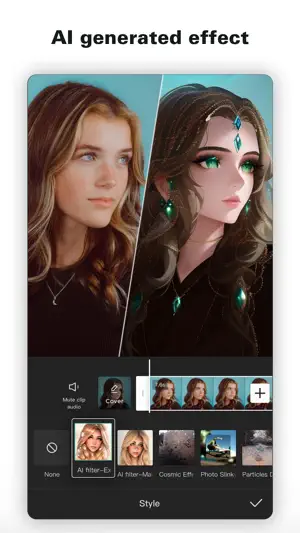 AI effect turning a portrait into an illustrated character, filter presets below