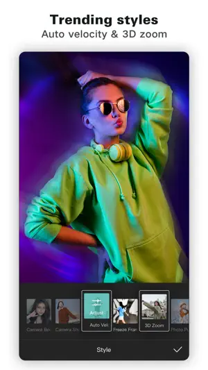 Style presets applied to a portrait clip, with Auto Velocity and 3D Zoom