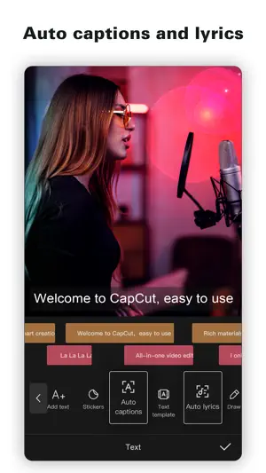 Auto captions placing a subtitle line over a video of a singer at a microphone