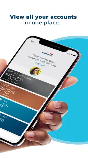 Accounts screen stacking card and savings balances with a bill reminder