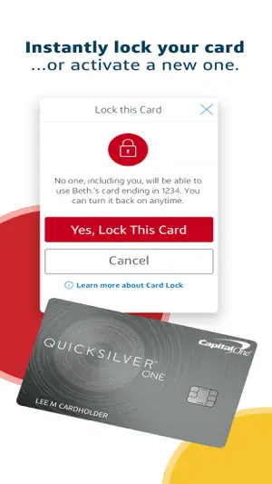 Card lock dialog above a Quicksilver One card ending 1234