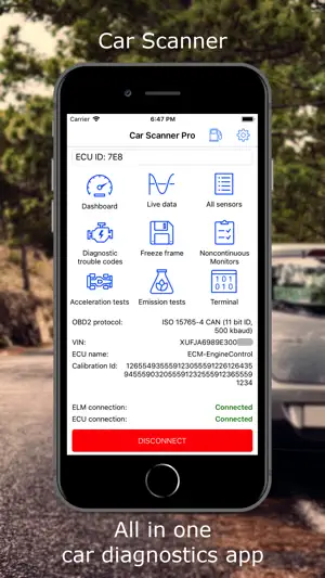 Car Scanner main menu on iPhone connected over ISO 15765-4 CAN, with Dashboard, Live data, Freeze frame and Emission tests tiles