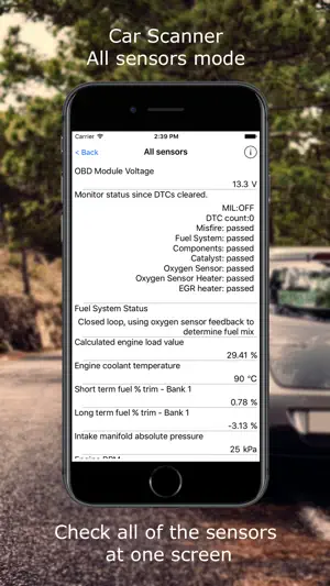 All sensors screen showing 13.3 V module voltage, MIL off, passed readiness monitors and fuel trim values