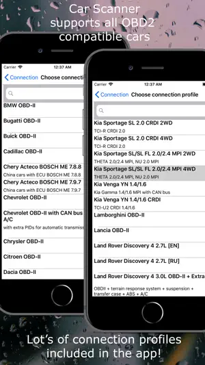 Connection profile lists for BMW, Chevrolet, Chrysler, Kia Sportage and Land Rover Discovery 4 OBD-II