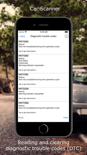 Diagnostic trouble codes list with P0712 to P0773 entries, test status lines and Read and Clear buttons