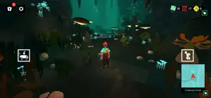 Sauge walking through a dark cave lit by glowing blue mushrooms