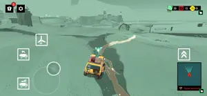 The yellow van driving across a pale blue riverbed beneath a dam