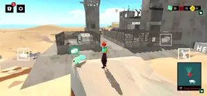 Sauge on a rooftop overlooking a desert settlement with wind turbines