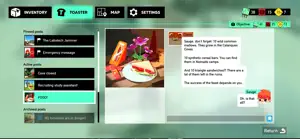 The in-game message board with posts from the settlement and a photo of a plate of food