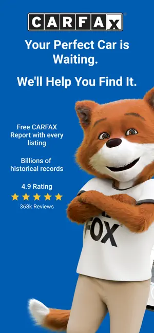 Car Fox mascot beside the CARFAX logo, with free-report, billions-of-records and 4.9-rating callouts
