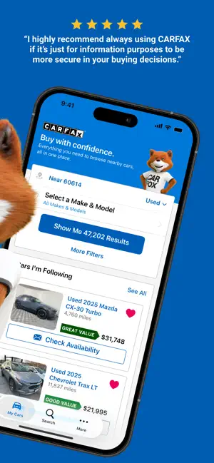 Home screen near ZIP 60614 with a Show Me 47,202 Results button and followed Mazda CX-30 and Chevrolet Trax listings