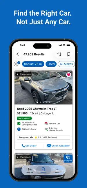 Search results at a 75-mile radius showing a used 2025 Chevrolet Trax LT at $21,995 with Good Value and CARFAX 1-Owner tags