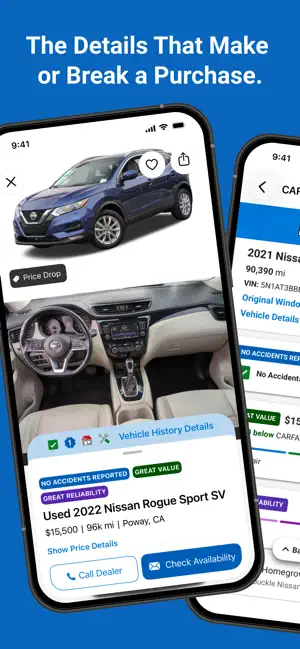 Used 2022 Nissan Rogue Sport SV listing at $15,500 with No Accidents Reported, Great Value and Great Reliability badges