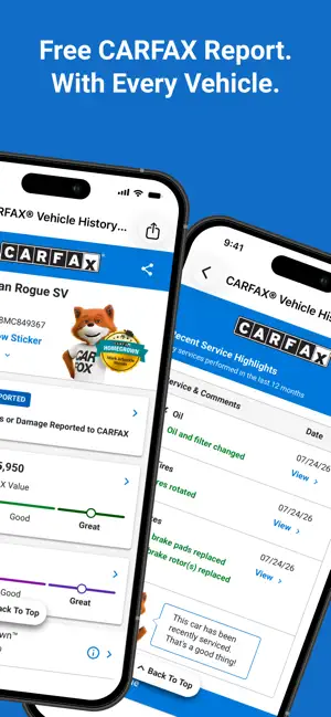 CARFAX Vehicle History Report on iPhone with a value scale and recent oil, tire and brake service records