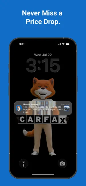 iPhone lock screen showing a CARFAX New Price Alert for a Ford F-150 that just dropped in price