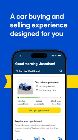 CarMax app home screen with a test drive appointment for a 2019 Toyota RAV4 at CarMax West Broad and schedule, upload documents and check-in steps