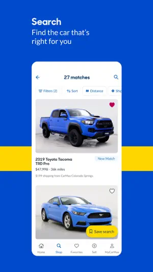 Search results with 27 matches, led by a 2019 Toyota Tacoma TRD Pro at $47,998 with 36k miles and a $199 shipping note