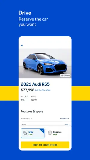 2021 Audi RS5 listing at $77,998 with 11k miles and 18/25 MPG, offering Ship for $200 or Reserve for free