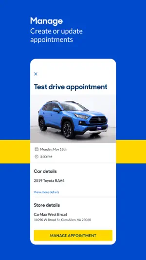 Test drive appointment details for a 2019 Toyota RAV4 on Monday, May 16th at 3:00 PM at CarMax West Broad in Glen Allen, Virginia