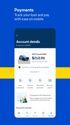 CarMax Auto Finance account details for a 2019 Toyota RAV4 with $210.96 due, a recurring payment scheduled and a Plan your payoff button