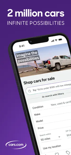 Cars.com home screen with a typed search prompt for SUVs under $30K and filter fields for make, model, price and a 50-mile radius