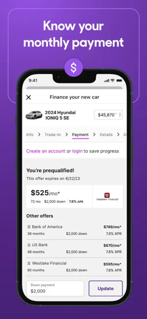 Finance screen for a 2024 Hyundai IONIQ 5 SE showing a prequalified $525 monthly offer and other lender quotes