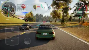 A green saloon racing rivals down a tree-lined road with a minimap