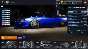 A blue Skyline-style coupé in the tuning garage with class and stat panels