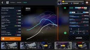 An engine-swap screen with torque and power curves for a BR26 engine