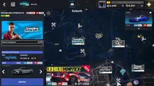 The Sunset City map with a Speedline Syndicate event card and the Suburb district