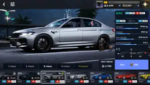 A silver saloon in the dealership with a Test Drive button and class tabs