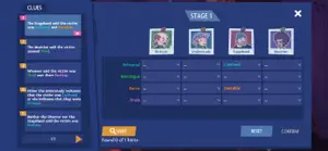 The Stage 1 deduction board with suspect portraits and a grid of clues