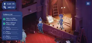 A theatre stage lit by spotlights with a policeman and the evidence list