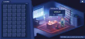 The Classified screen with a grid of secret cases and a hidden-code prompt