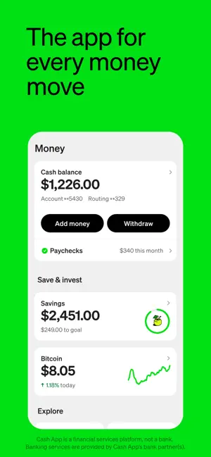 Money tab showing a $1,226 balance, savings, paychecks and a bitcoin holding