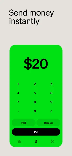 Send screen with a $20 amount above Pool, Request and Pay buttons
