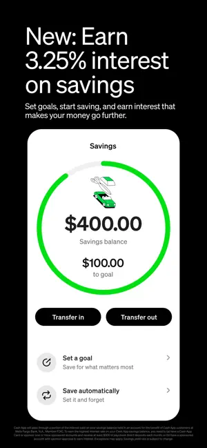 Savings screen advertising 3.25% interest with a $400 balance and goal ring