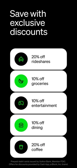 List of card discounts: 20% off rideshares and coffee, 10% off groceries