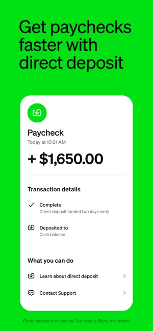 Direct deposit receipt for $1,650 marked as funded two days early