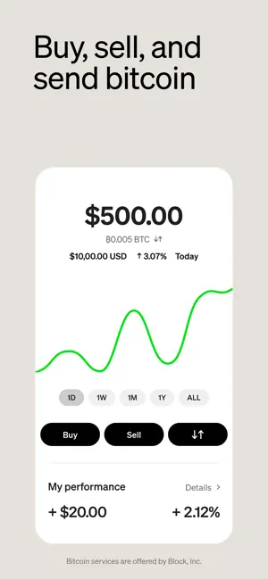 Bitcoin screen with a $500 holding, price chart and buy and sell buttons