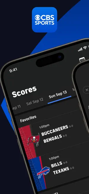 CBS Sports Scores tab for Sunday, September 13, listing Buccaneers vs Bengals and Bills vs Texans under Favorites