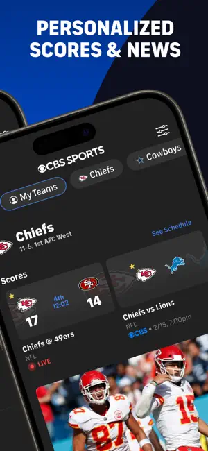My Teams view for the Chiefs, 11-6 and first in the AFC West, with a live 17-14 score against the 49ers
