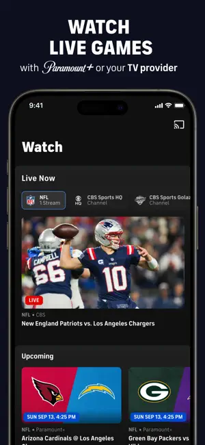 Watch tab with a live Patriots vs Chargers NFL stream on CBS beside CBS Sports HQ and Golazo channel chips