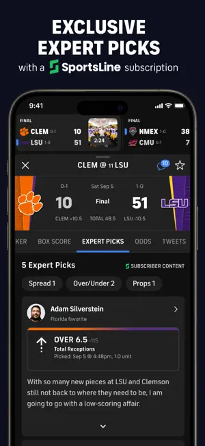 Clemson at LSU game page on the Expert Picks tab, showing five SportsLine picks marked as subscriber content