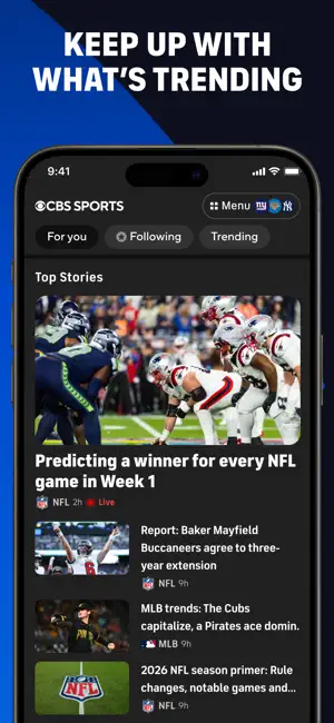 CBS Sports Home tab with For You, Following and Trending filters above NFL Week 1 top stories