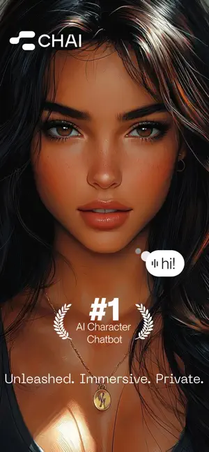 Promo card with a realistic illustrated portrait of a dark-haired woman, a hi! chat bubble, a number one AI character chatbot badge and the line Unleashed. Immersive. Private.