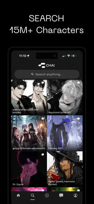 Search tab with a Search anything box above a grid of user-made characters, including a fantasy group, a pirate and manga-style portraits, and a bottom tab bar