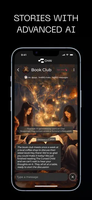 Chat named Book Club with the creator name, 144660 chats and 342922 messages, and a notice that replies may contain errors or fictional information