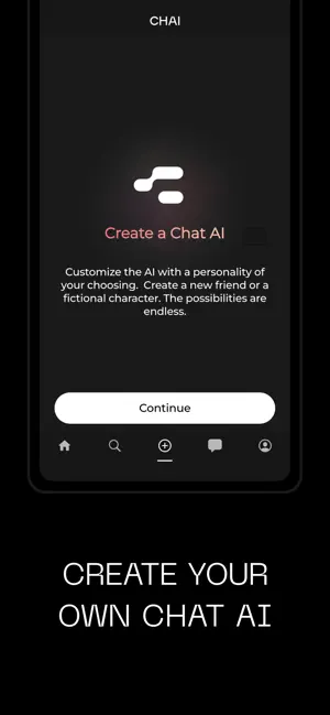 Create a Chat AI screen with a Continue button and text about customizing the AI with a personality, a new friend or a fictional character